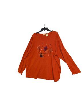 Bobbie Brooks Womens Halloween Orange Long-Sleeve Top 22W/24W Embroidered Black